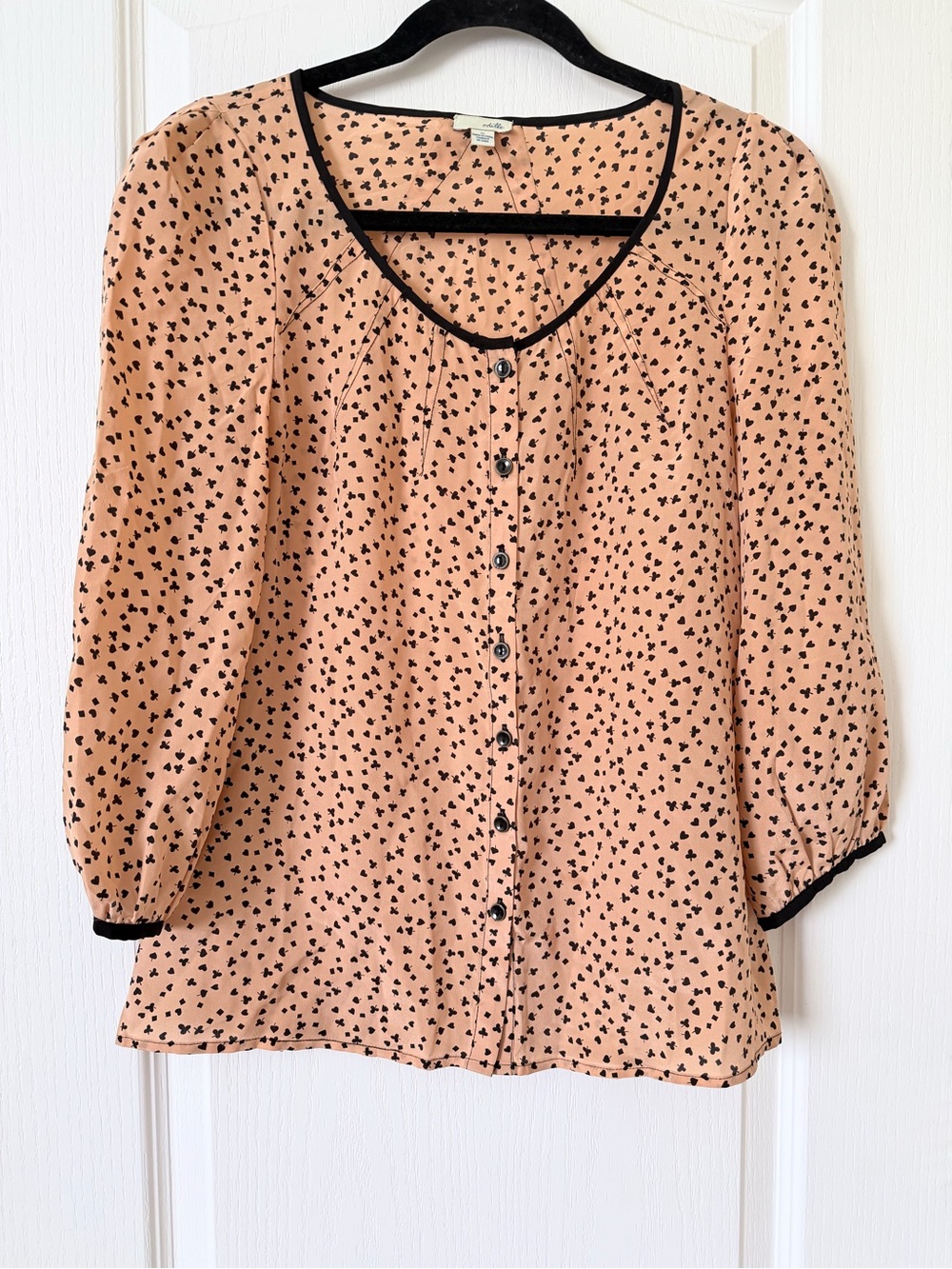 Odille Anthropologie Size 0 Peach Silk Card Suit Novelty Print Blouse